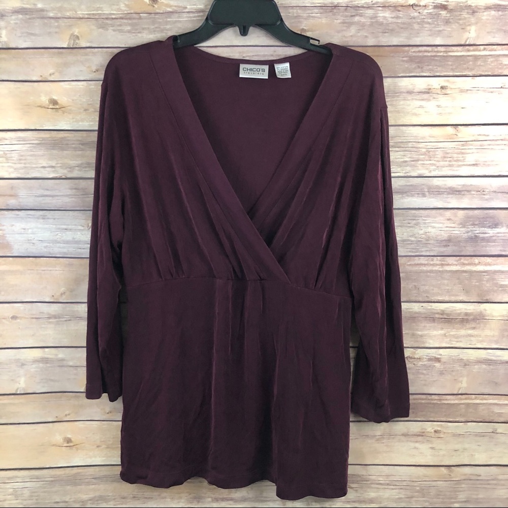 Chicos Travelers Faux Wrap Plum Slinky Top Sz 2(L)
